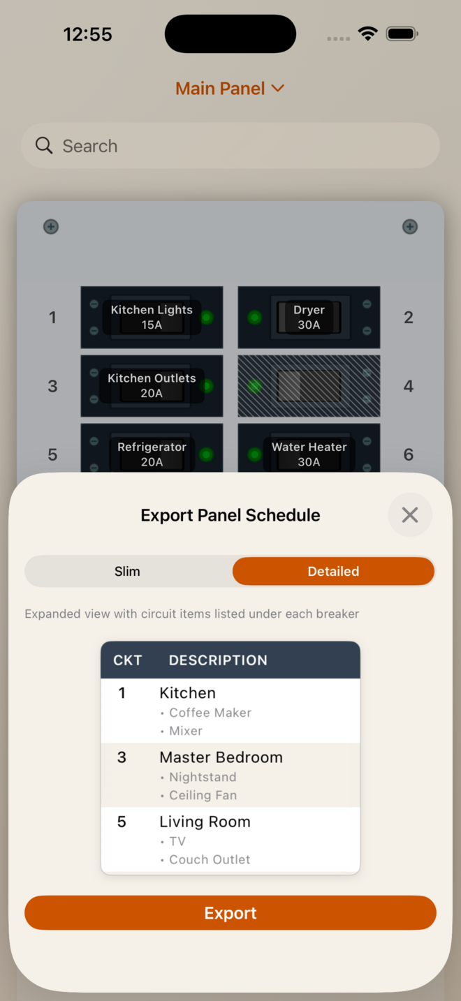 Export panel schedule